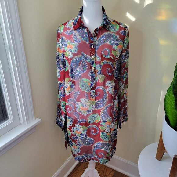 Fashion Union Boho Shirt Dress Sheer Tunic Burgundy Multicolor Women's Size XS - Picture 2 of 13